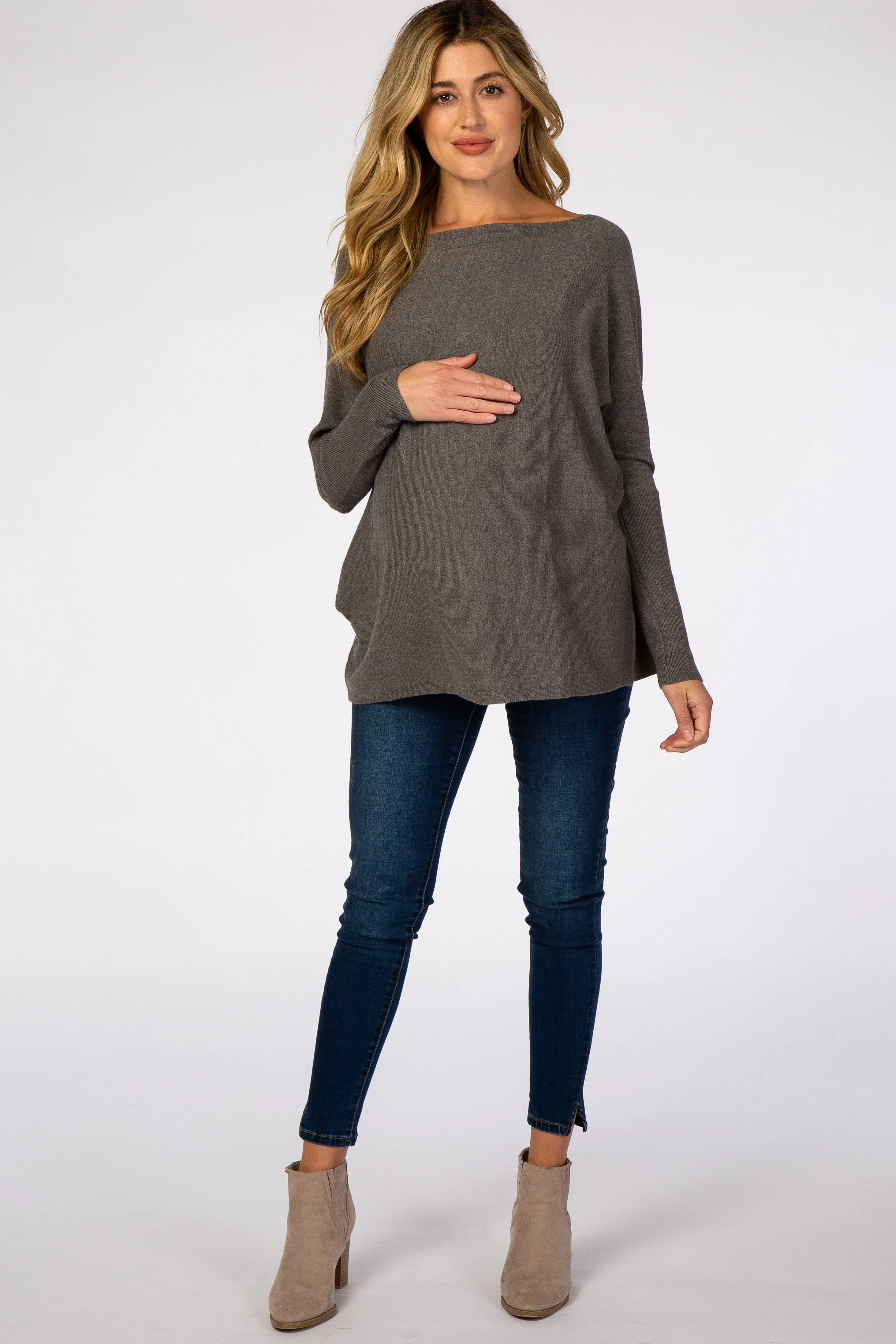 Grey Soft Knit Boatneck Dolman Sleeve Maternity Sweater