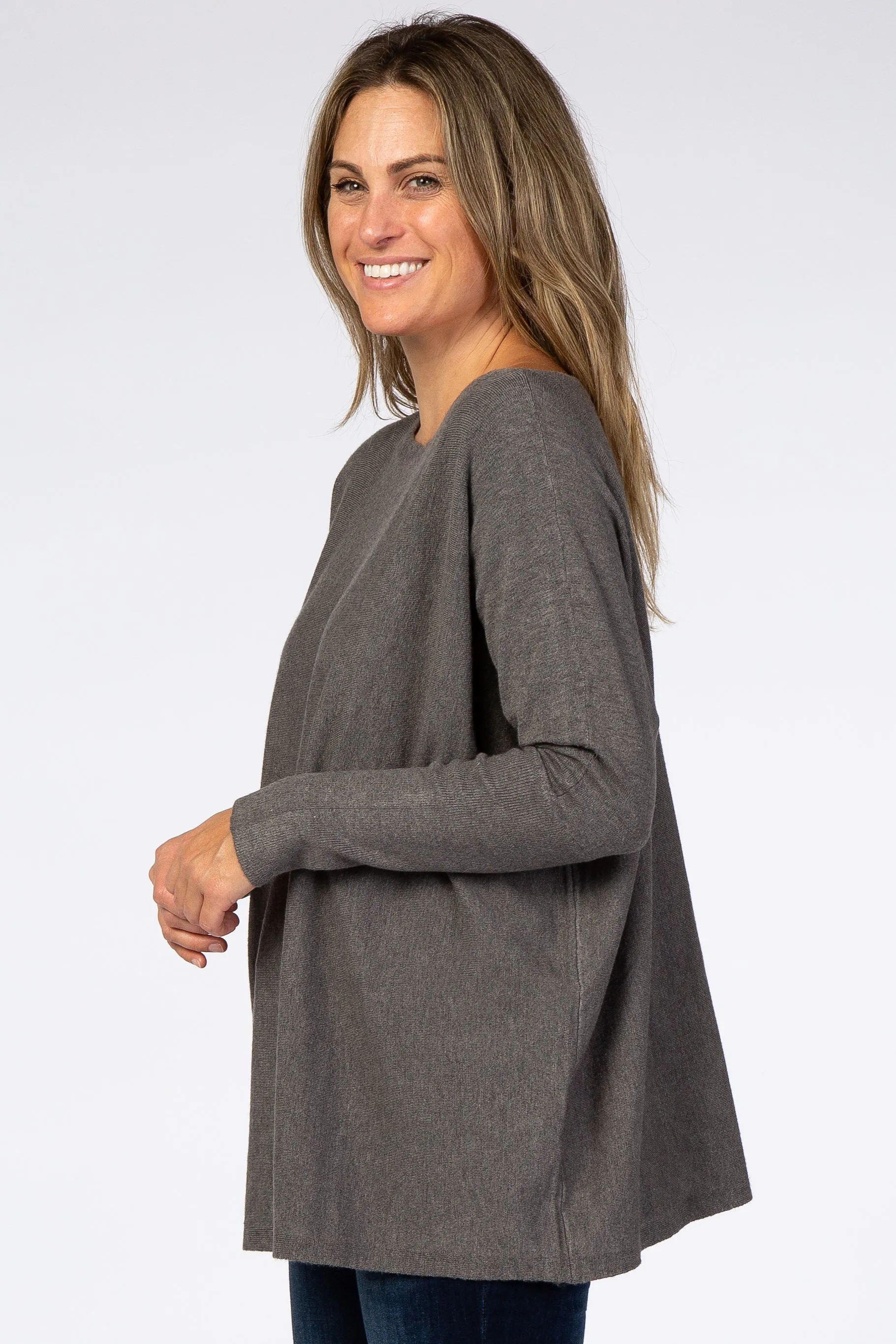 Grey Soft Knit Boatneck Dolman Sleeve Sweater