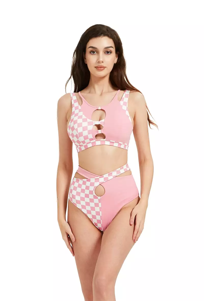 Hamade Activewear Hollow Front Top - Checkered Light Pink