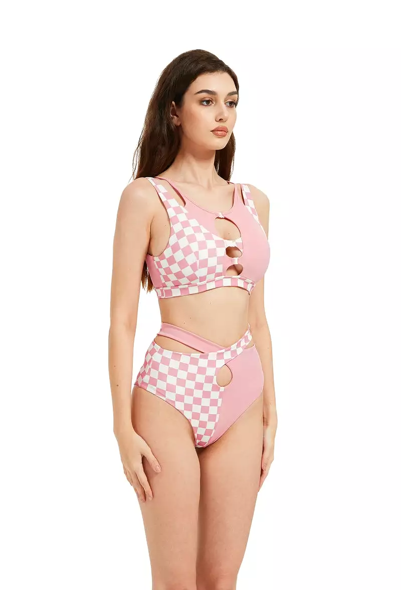 Hamade Activewear Hollow Front Top - Checkered Light Pink