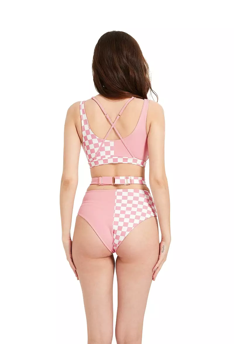 Hamade Activewear Hollow Front Top - Checkered Light Pink