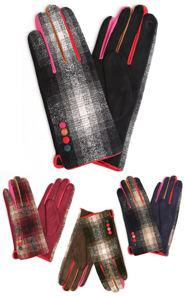 JG860 Plaid Pattern Screen Touch Gloves w/Buttons (12prs Pack)