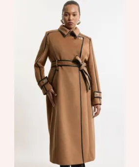 Karen Millen Plus Size Wool Blend Faux Leather Trim Belted Tailored Coat