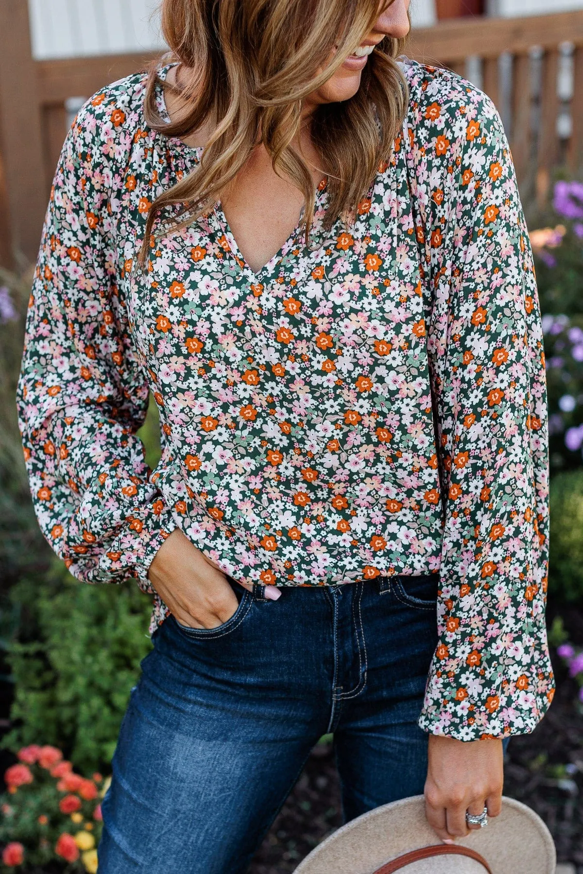 Keeping Dreams Alive Floral Blouse- Hunter Green