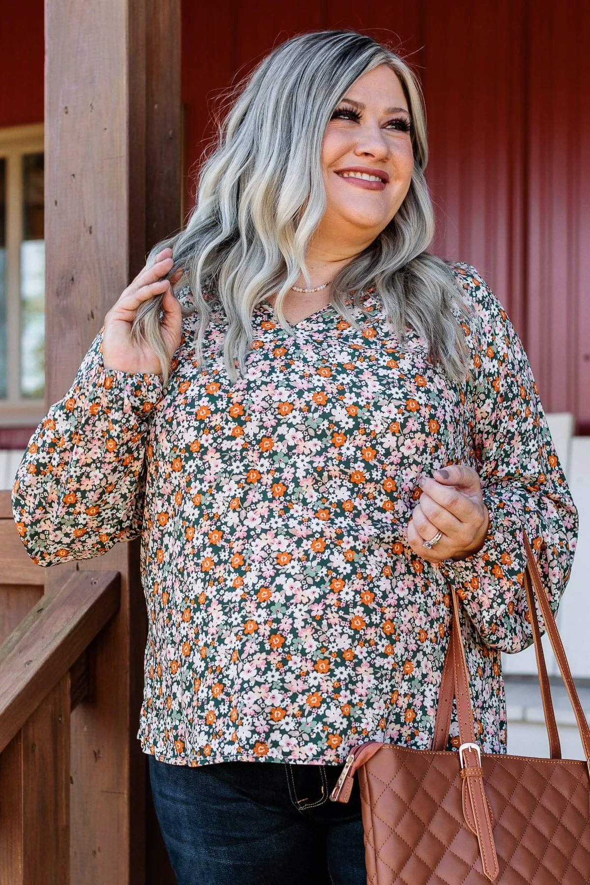 Keeping Dreams Alive Floral Blouse- Hunter Green