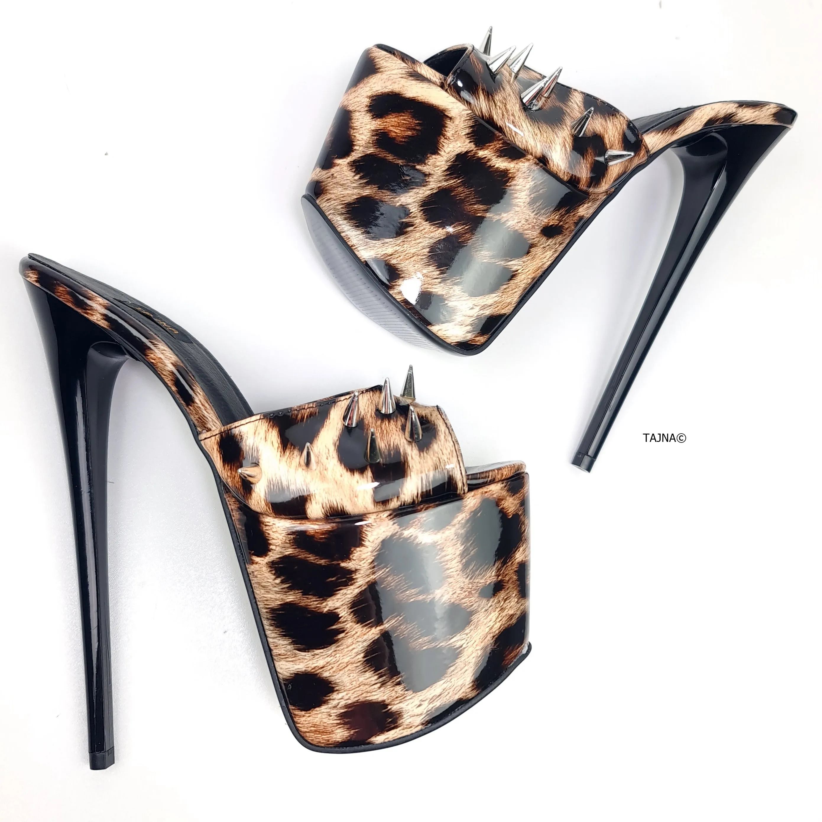 Leopard Gloss Spike Studded High Heel Mules