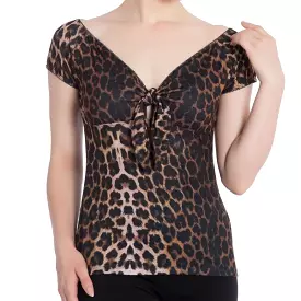 Leopard Print Bardot Tie Front Top