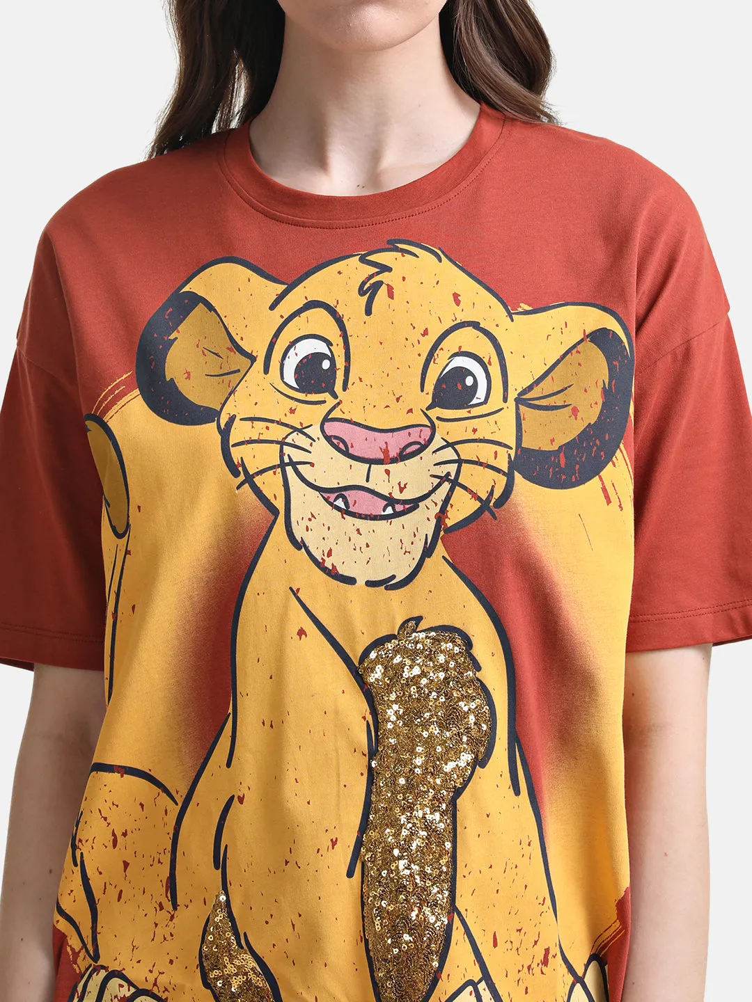 Lion King Graphic Print T-Shirt With Sequin