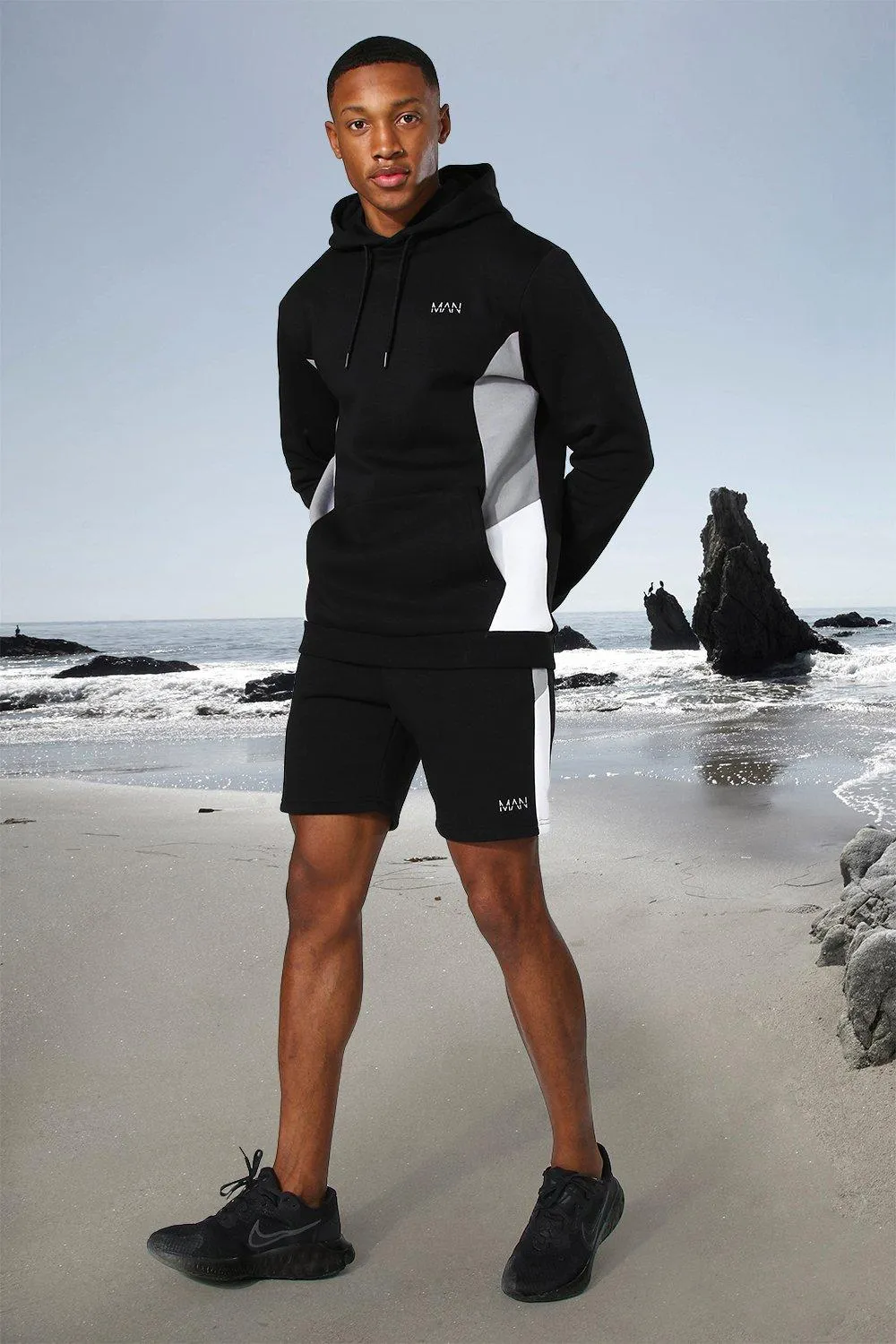 Man Active Side Block Hoodie And Short Set | boohooMAN UK