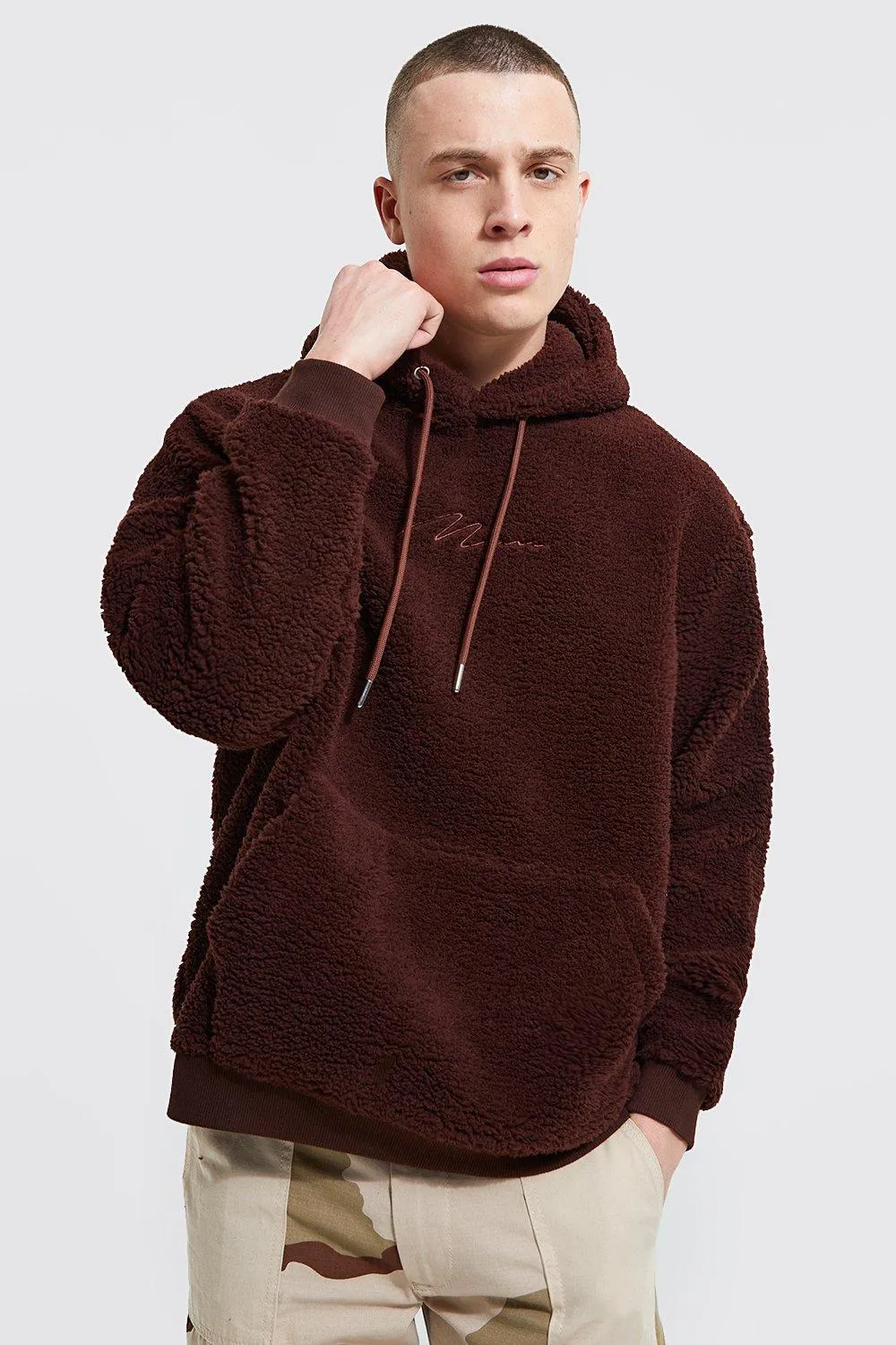 Man Signature Oversized Borg Hoodie | boohooMAN UK