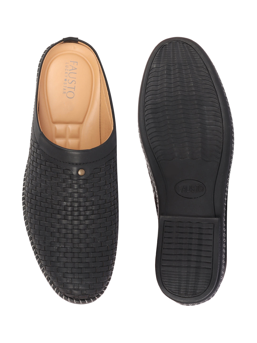 Men Black Back Open Knit Design Stitched Ethnic Casual Mules