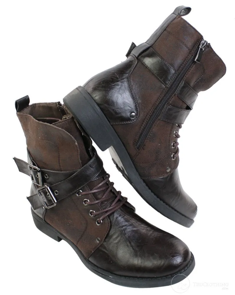 Mens Punk Rock Goth Emo Ankle Boots Brown Black Leather Buckle