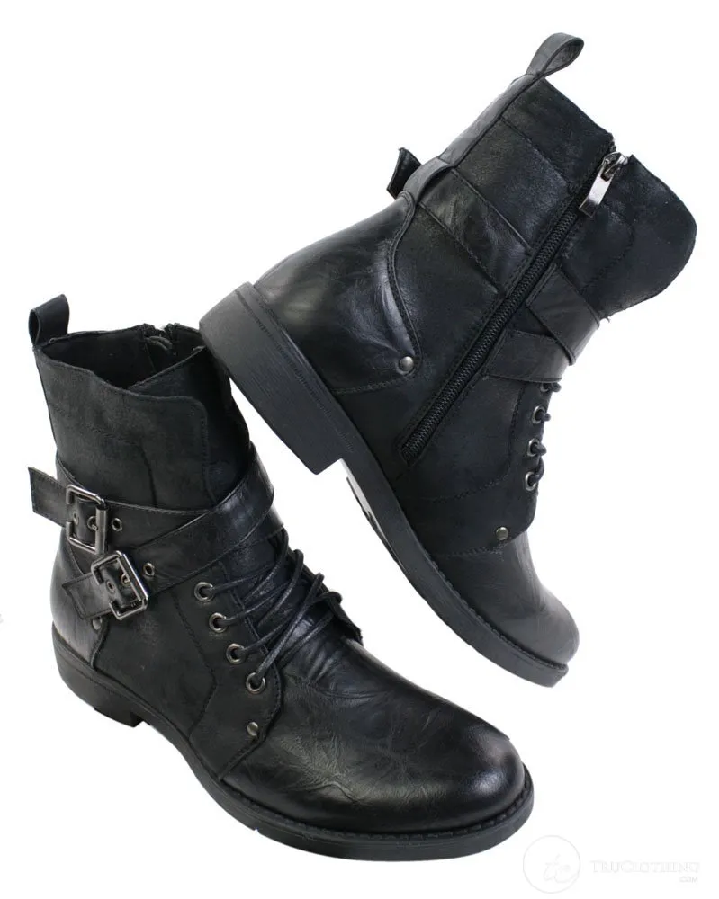 Mens Punk Rock Goth Emo Ankle Boots Brown Black Leather Buckle