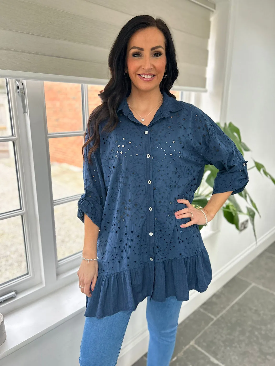 Navy Broderie Anglaise Frill Hem Tunic Devon