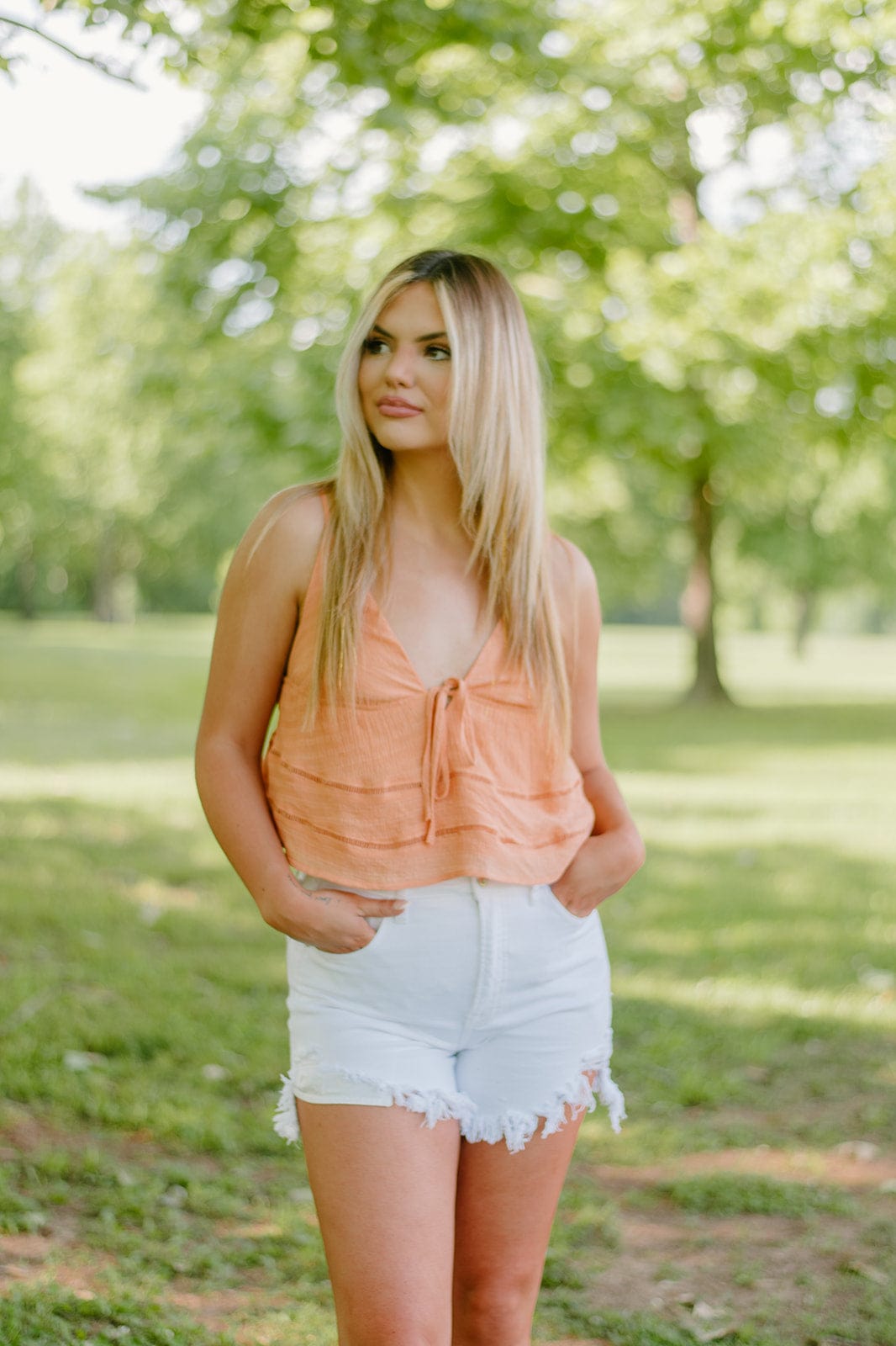 Orange Linen Tie Front Top