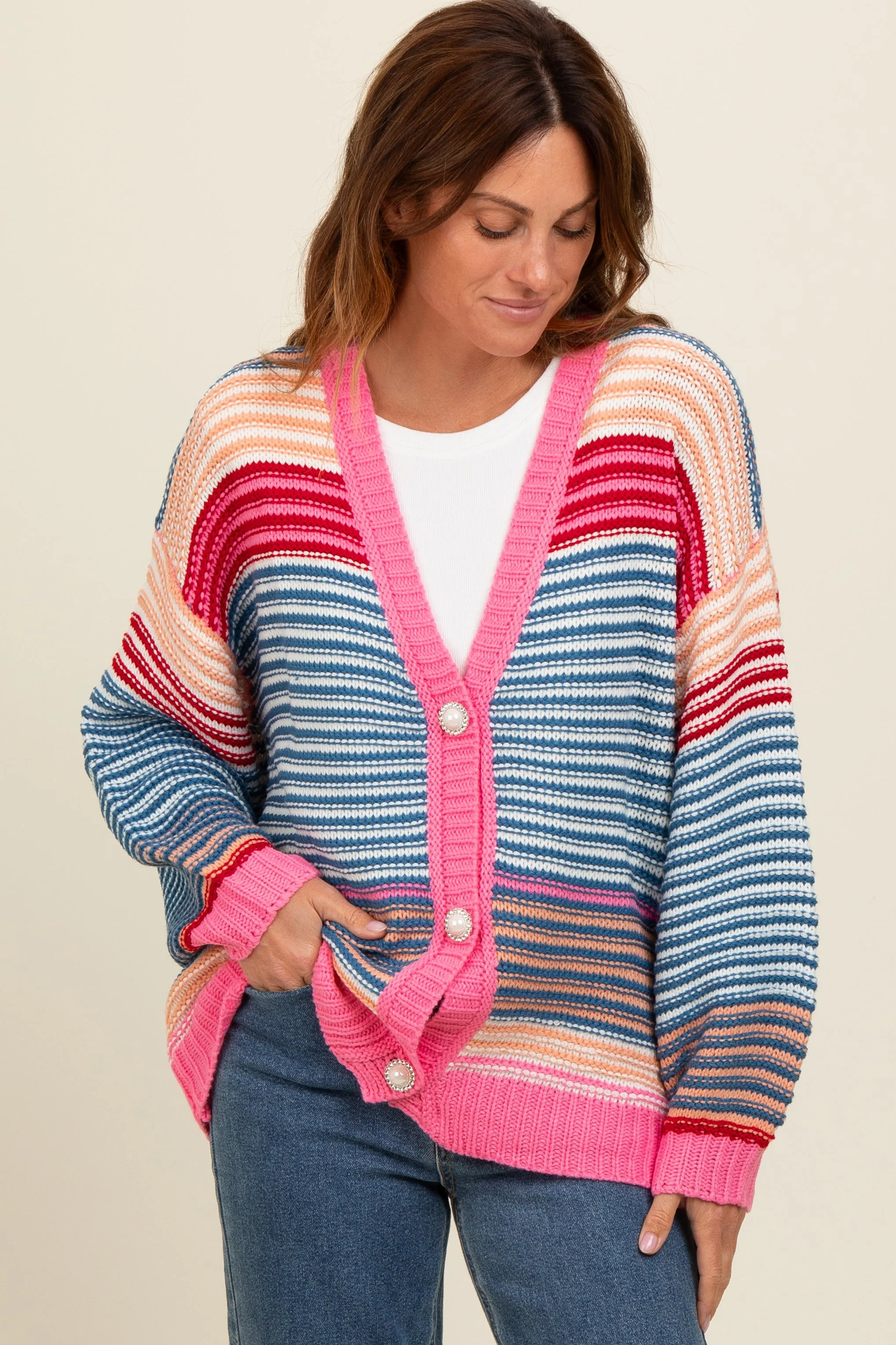 Pink Multi Striped Maternity Sweater Cardigan