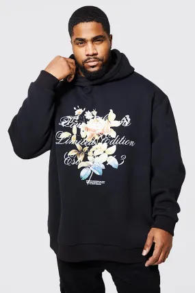 Plus Floral Text Limited Floral Print Hoodie | boohooMAN UK