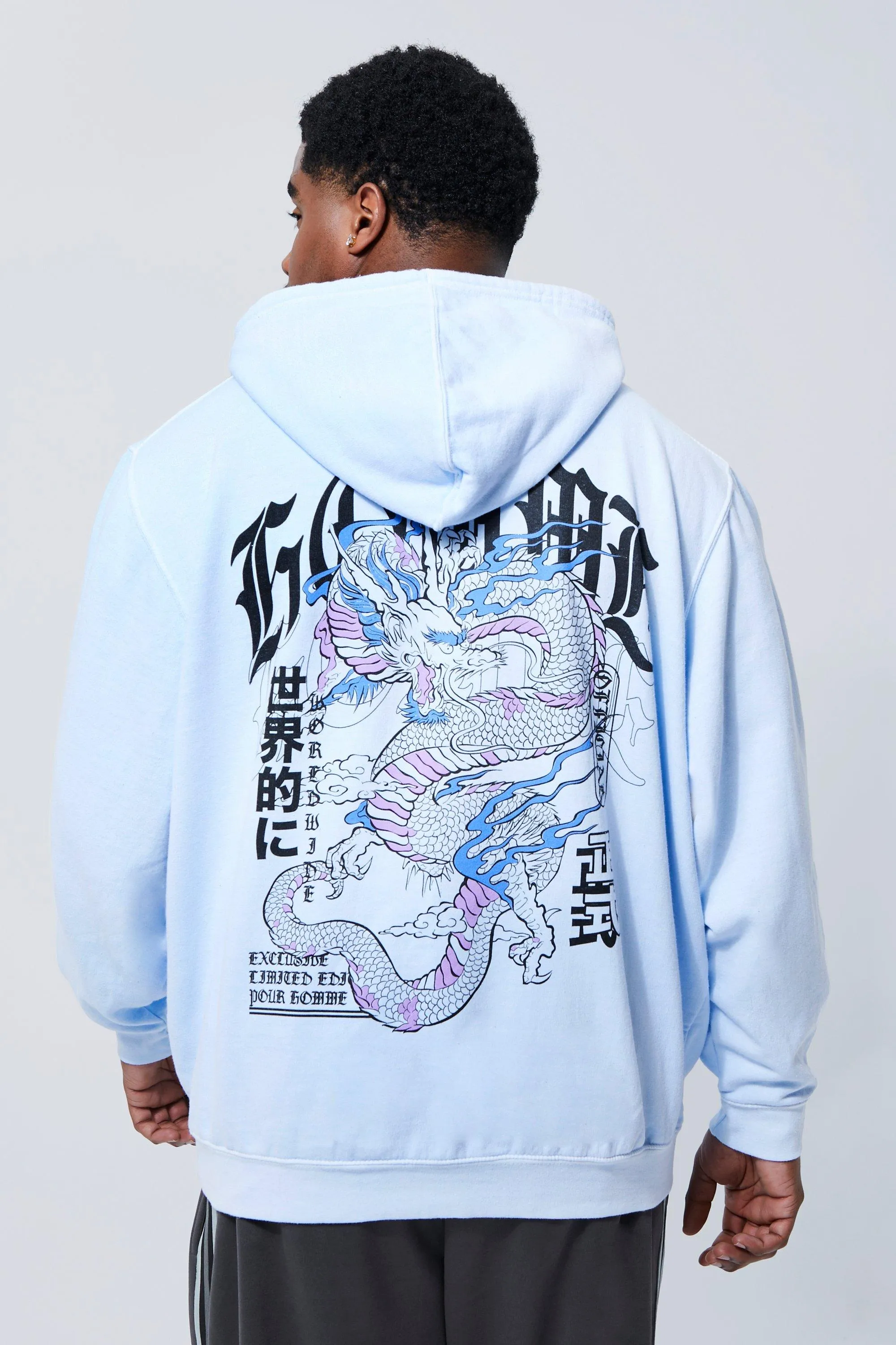 Plus Overdye Dragon Back Graphic Hoodie | boohooMAN UK