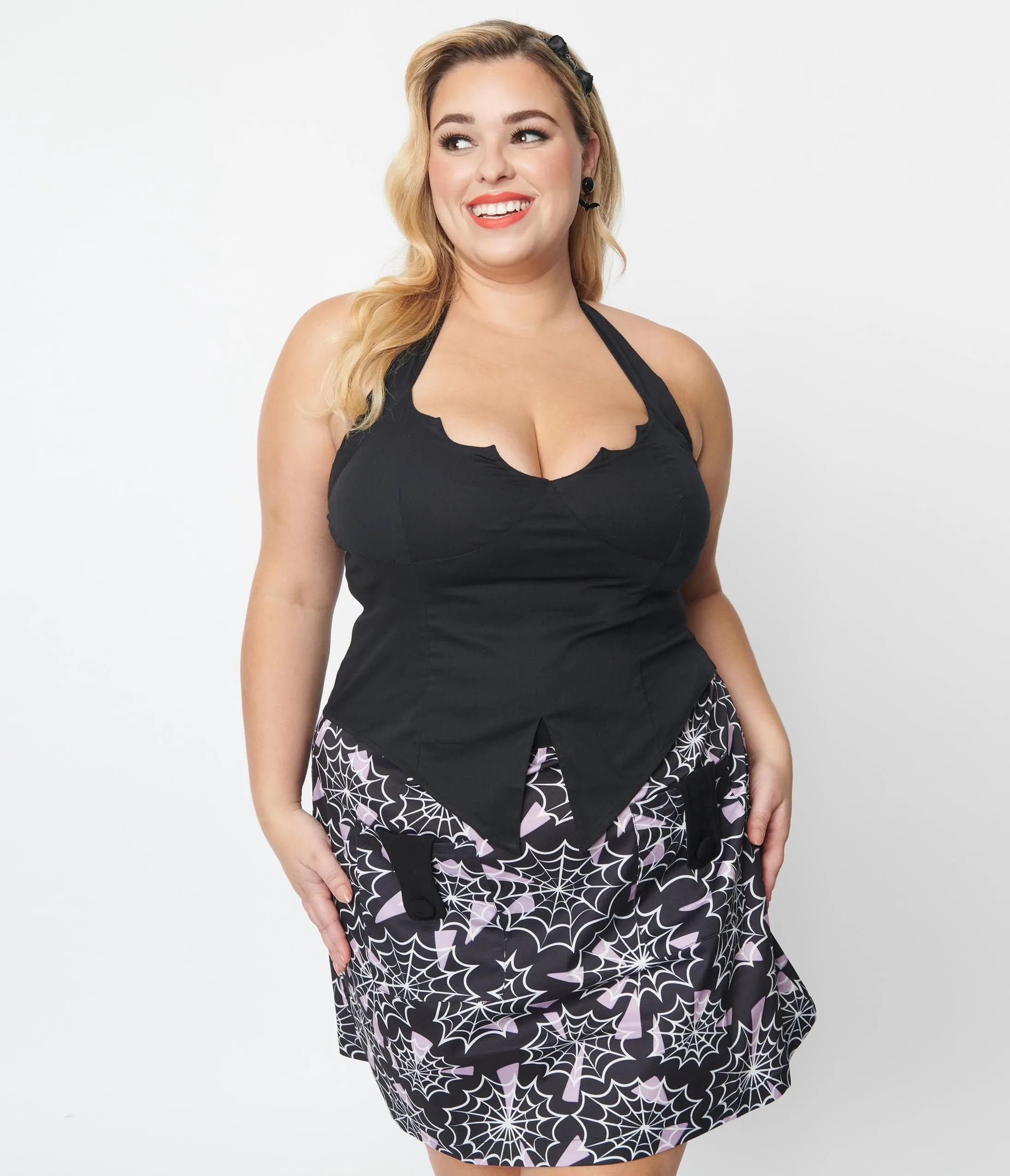 Plus Size Black Bat Halter Crop Top