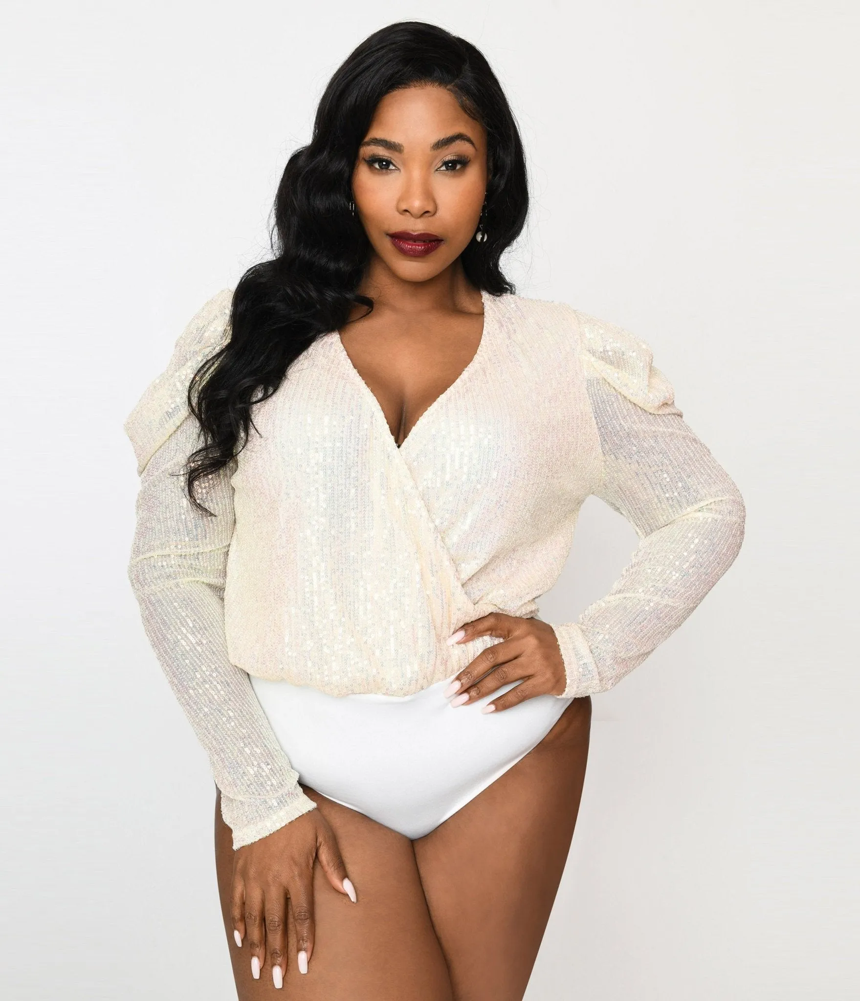 Plus Size Cream Sequin Long Sleeve Bodysuit