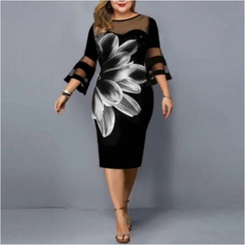 Plus Size Summer Women's Floral Print Mesh Bodycon Night Club Party Dress