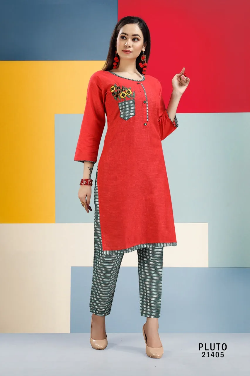 Pluto Designer Readymade Cotton Slub Daily Wear Kurti Collection