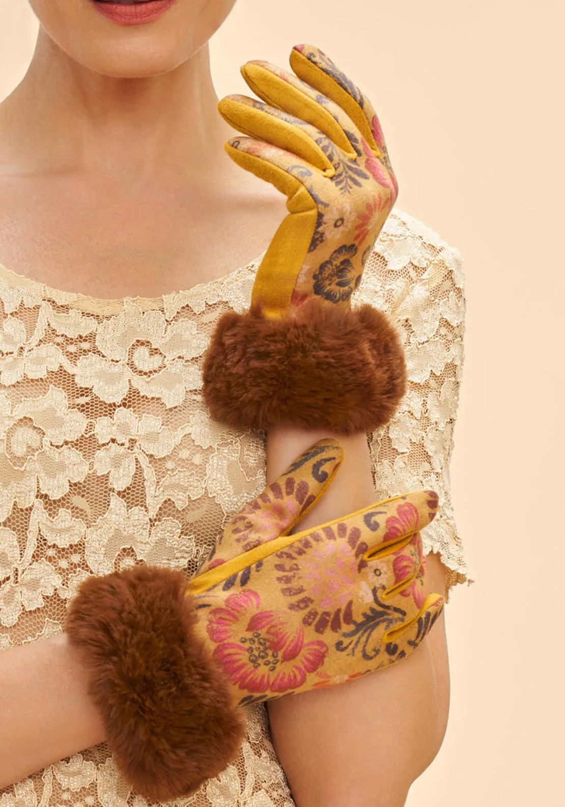 Powder Bernadette Floral Faux Fur Gloves, Mustard