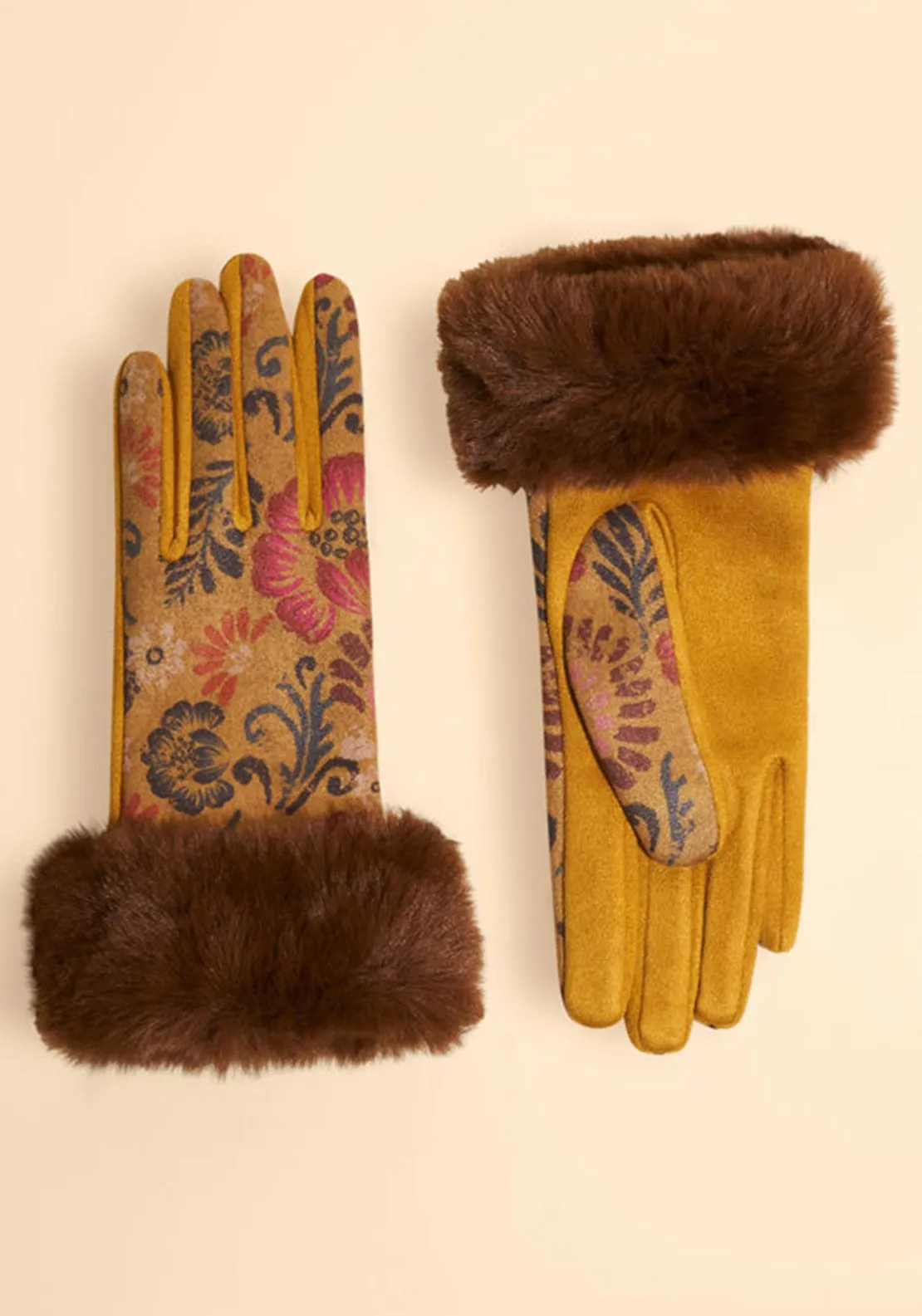 Powder Bernadette Floral Faux Fur Gloves, Mustard