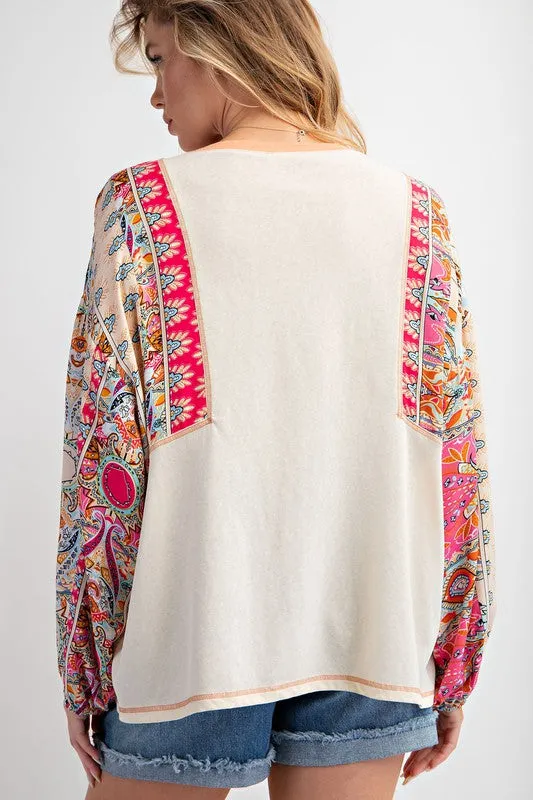 Print Mix Cotton Slub Knit Top - Beige Pink