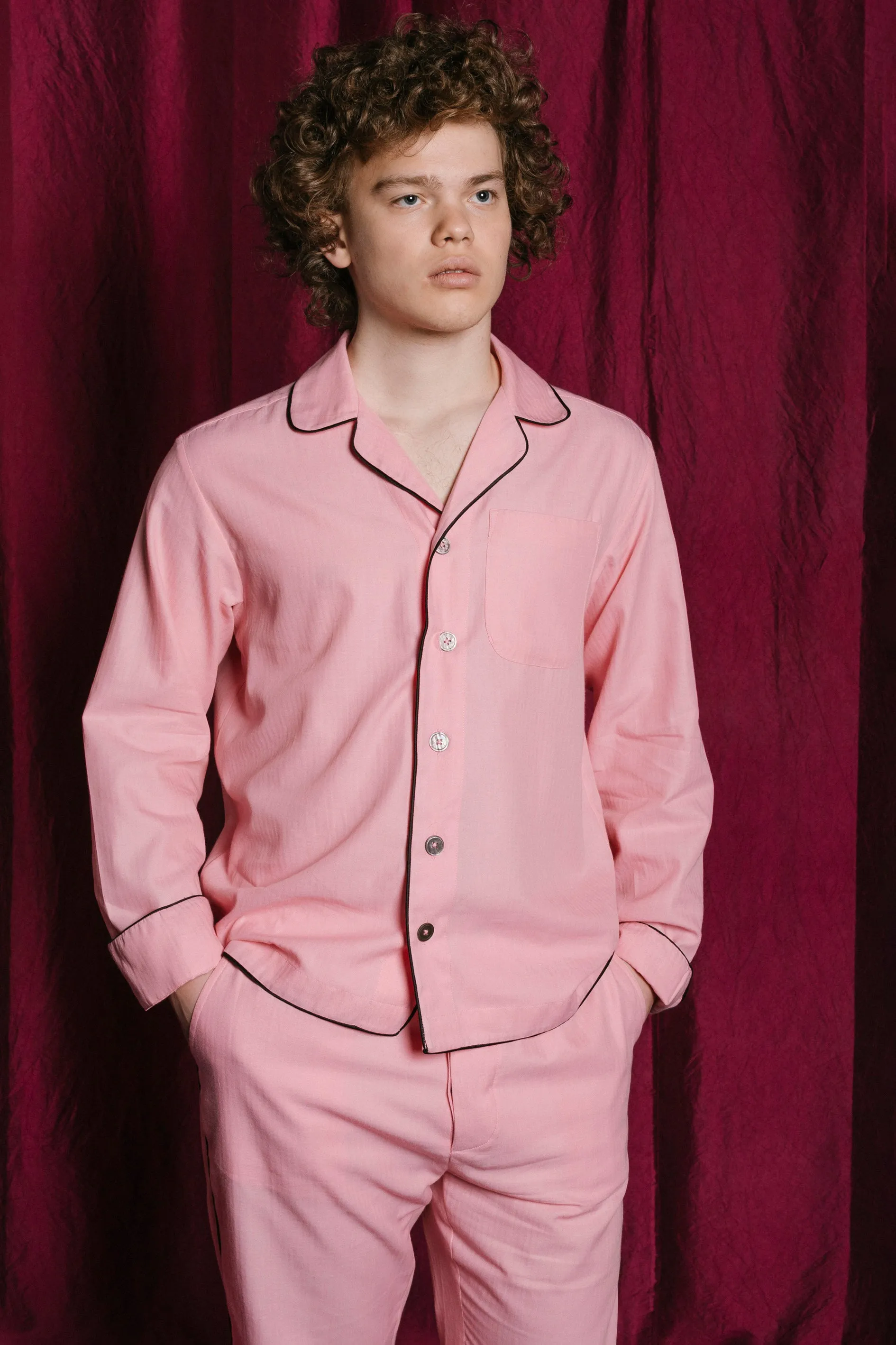 PYJAMA PINK with black piping 100% COTTON Herringbone-light