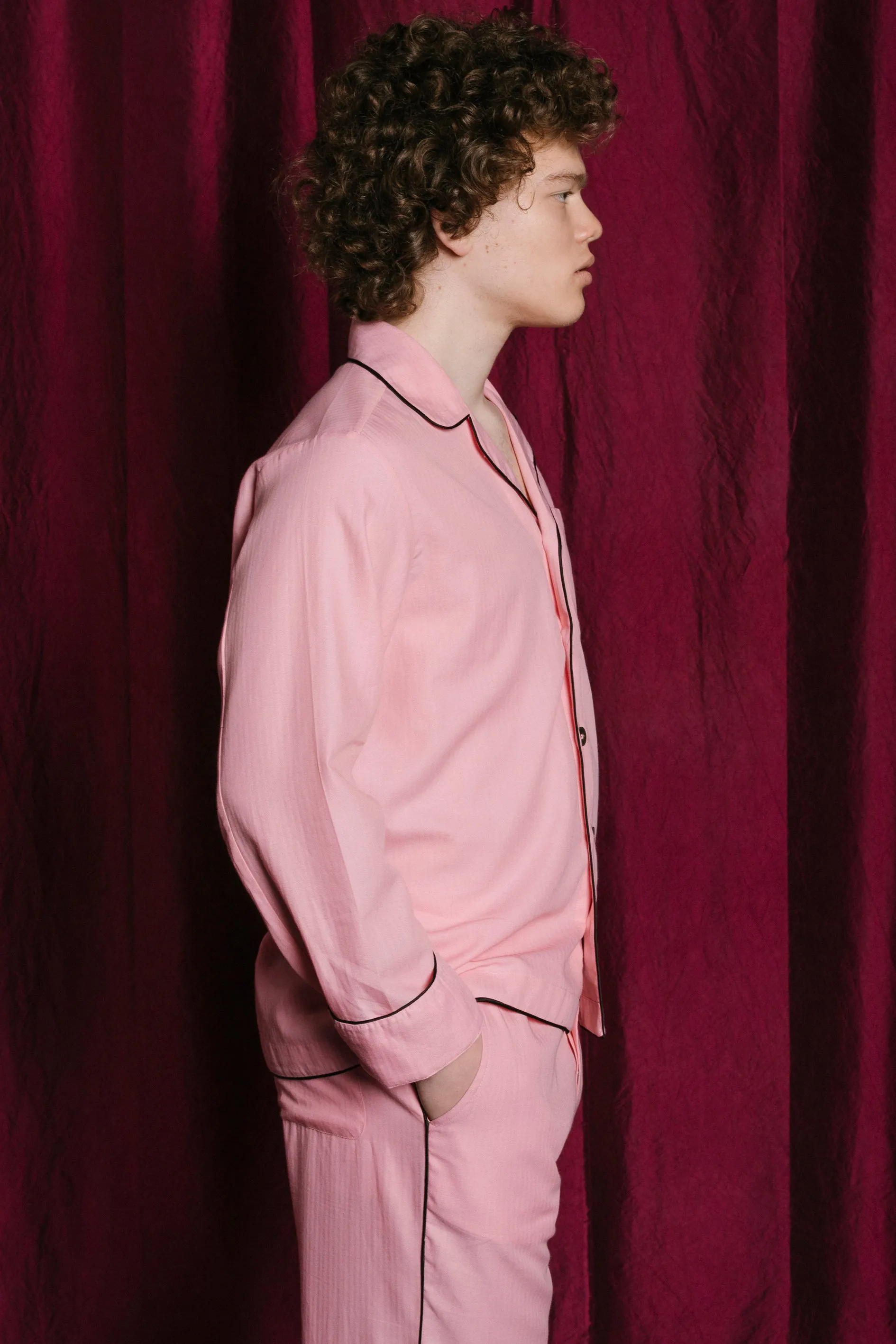 PYJAMA PINK with black piping 100% COTTON Herringbone-light