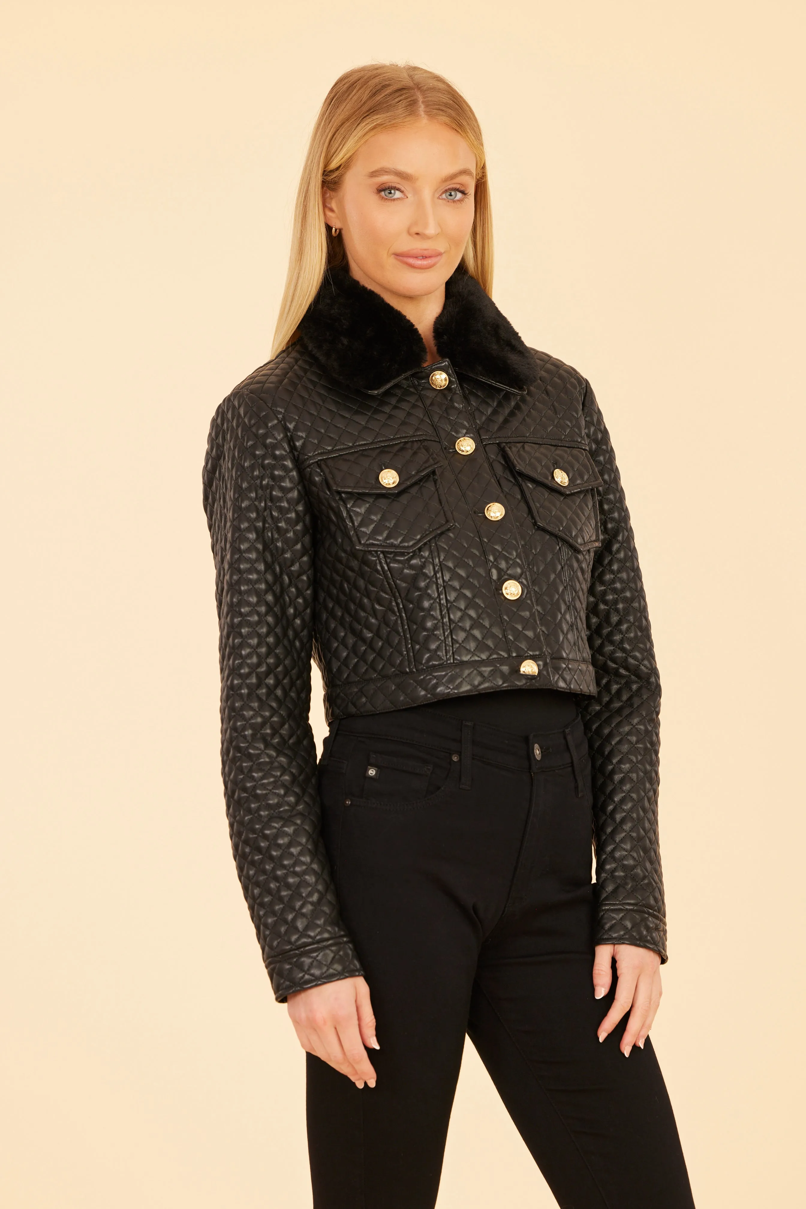 Quilted Faux Leather Cropped Jacket