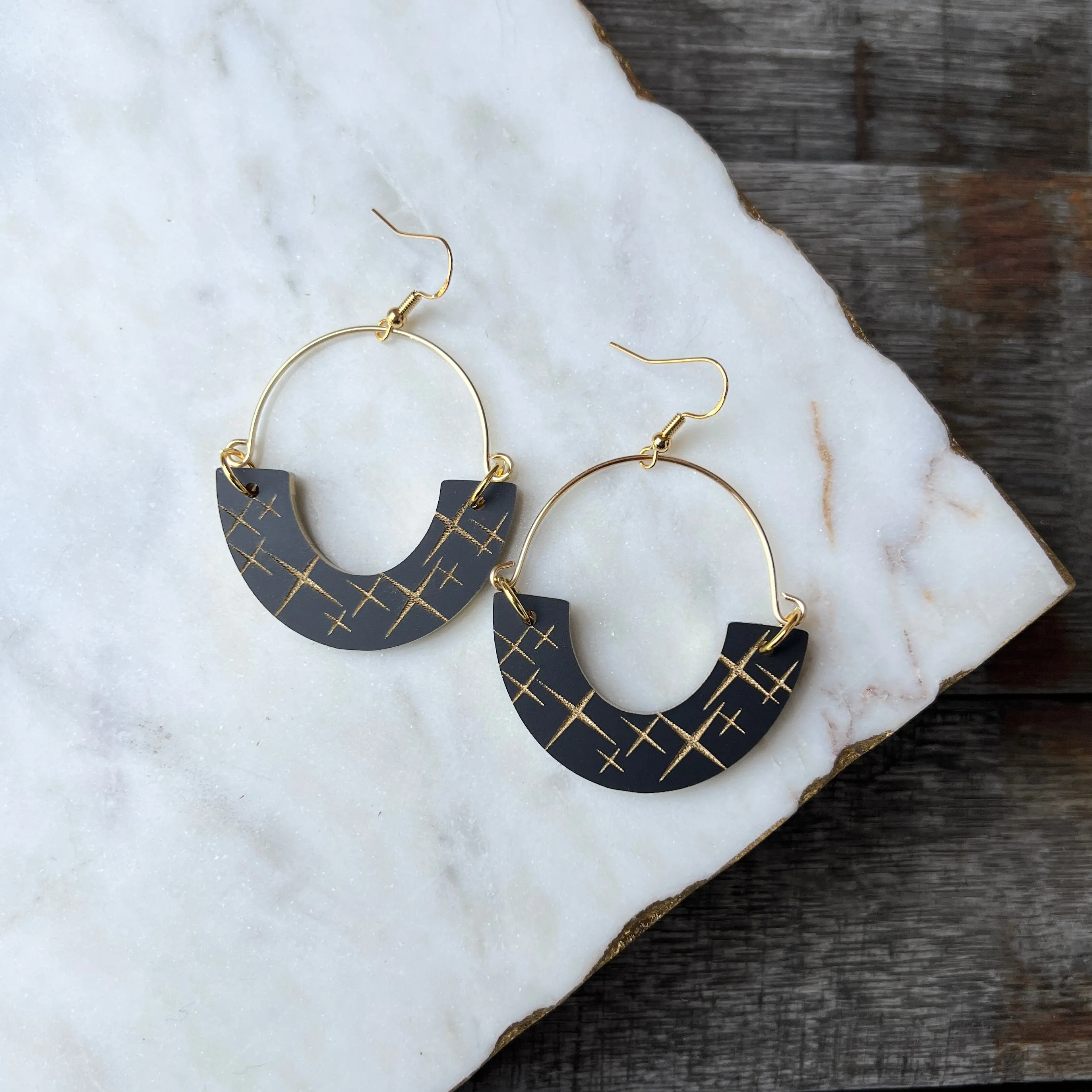 Remix Hoops - Matte Black + Gold Starburst - Acrylic Earrings