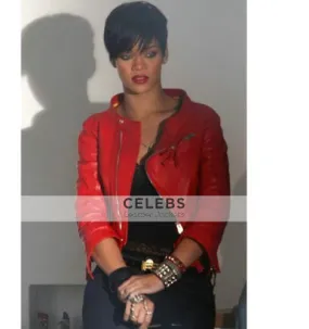 Singer Rihanna Red Cropped Biker Leather Jacket