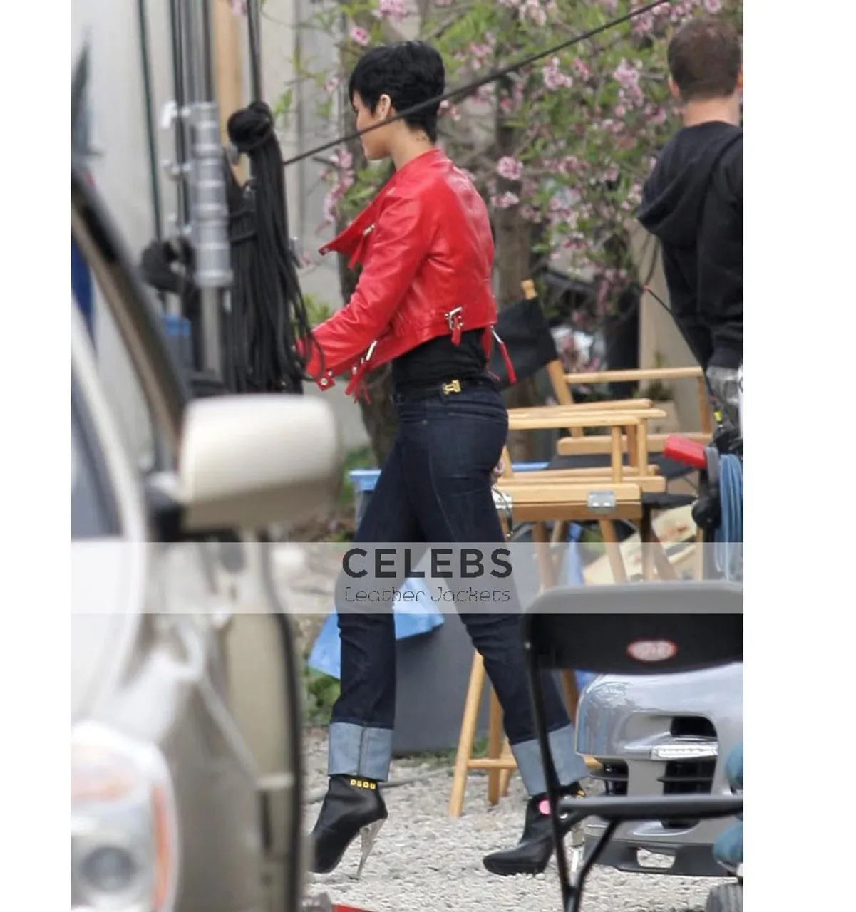 Singer Rihanna Red Cropped Biker Leather Jacket