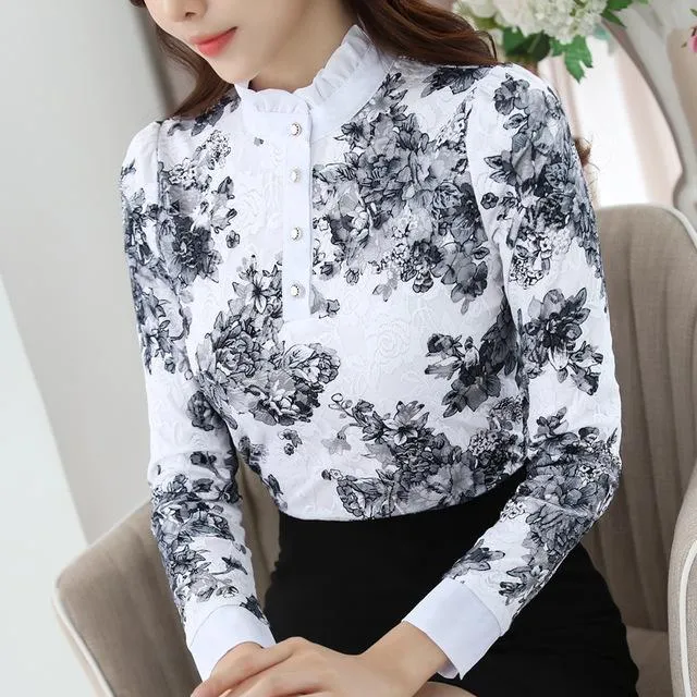 Spring Autumn Women's High Collar Crochet Lace Floral Blouse with Button