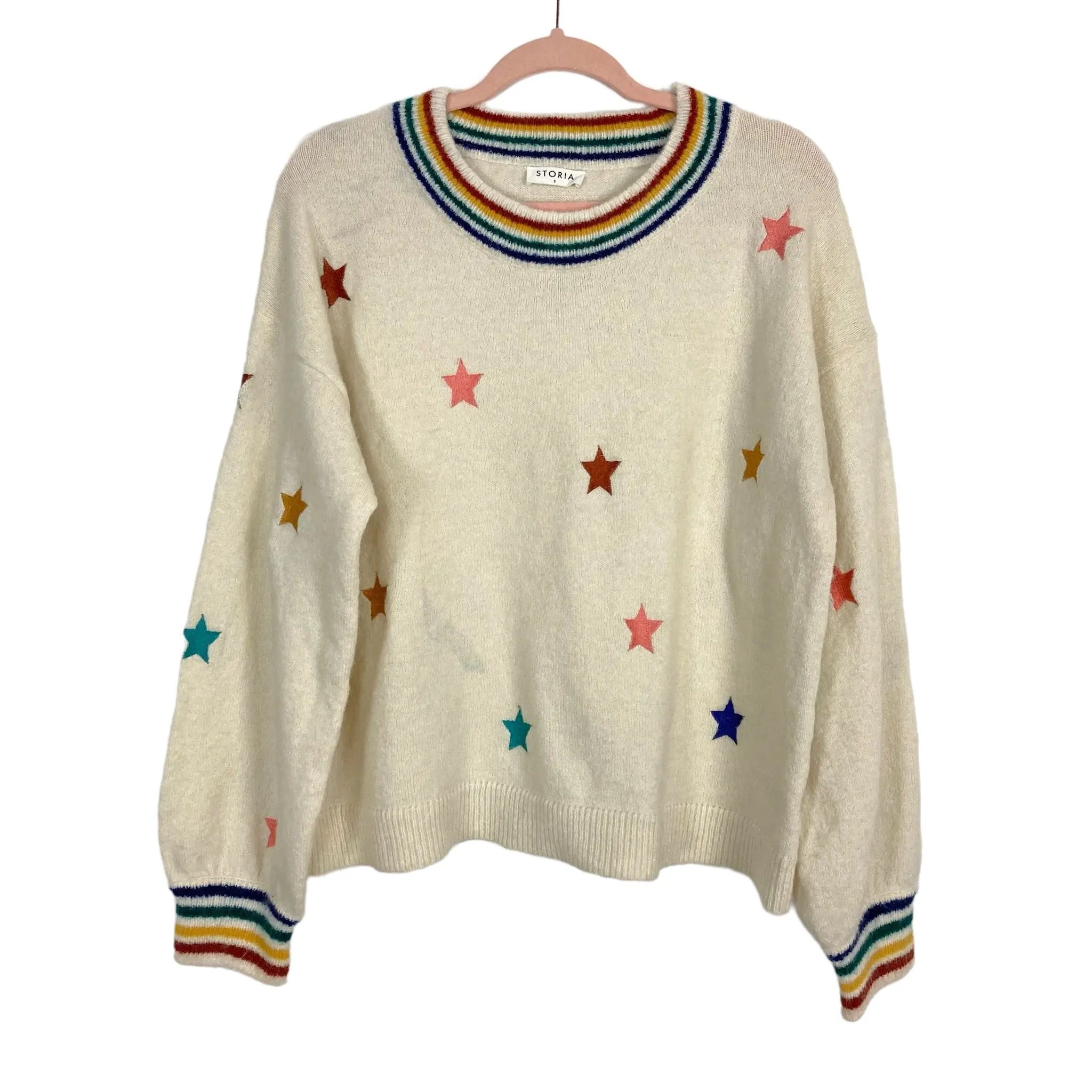 Storia Beige with Multi-Colored Stars and Striped Neckline and Cuff Sweater- Size S (see notes)