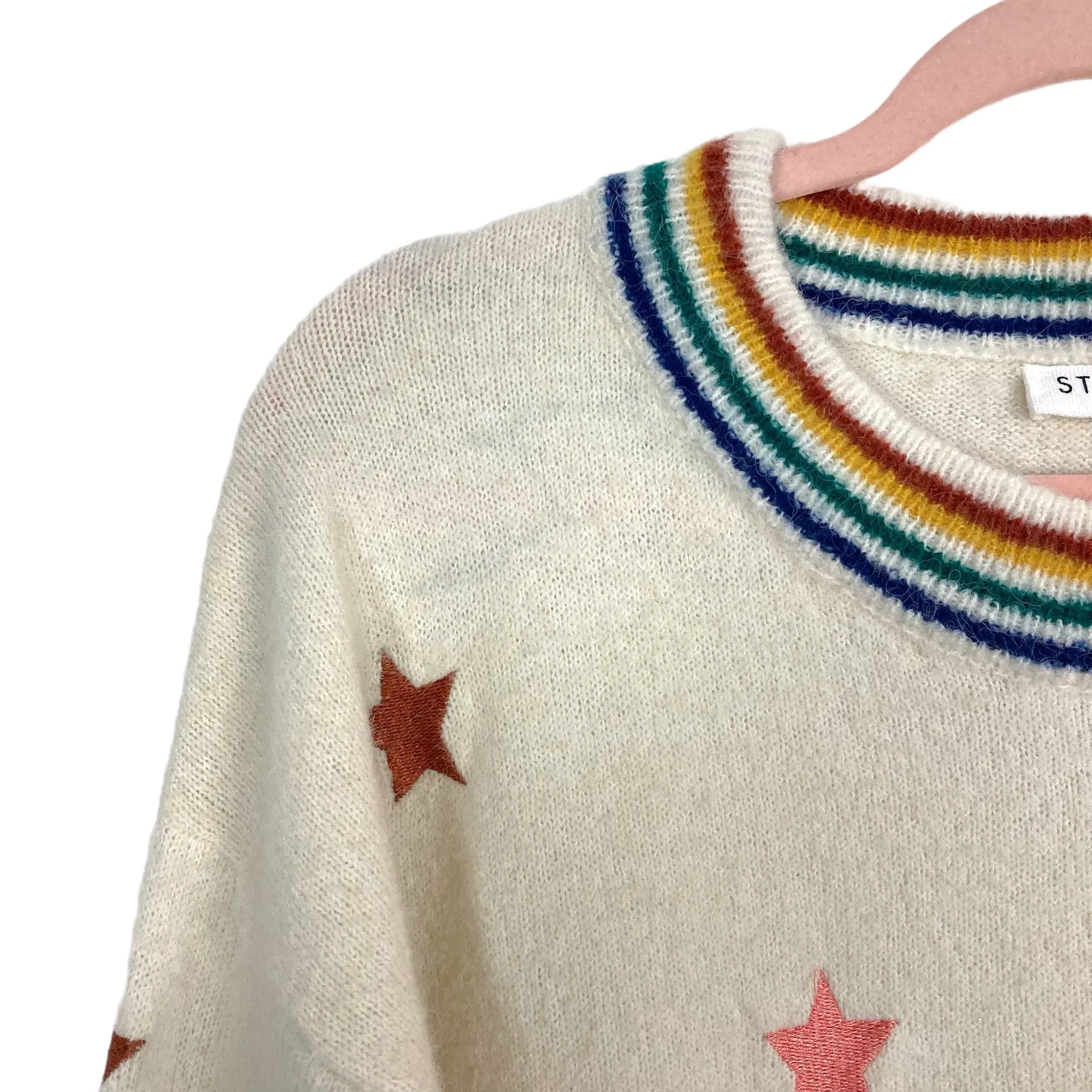 Storia Beige with Multi-Colored Stars and Striped Neckline and Cuff Sweater- Size S (see notes)