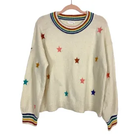 Storia Beige with Multi-Colored Stars and Striped Neckline and Cuff Sweater- Size S (see notes)