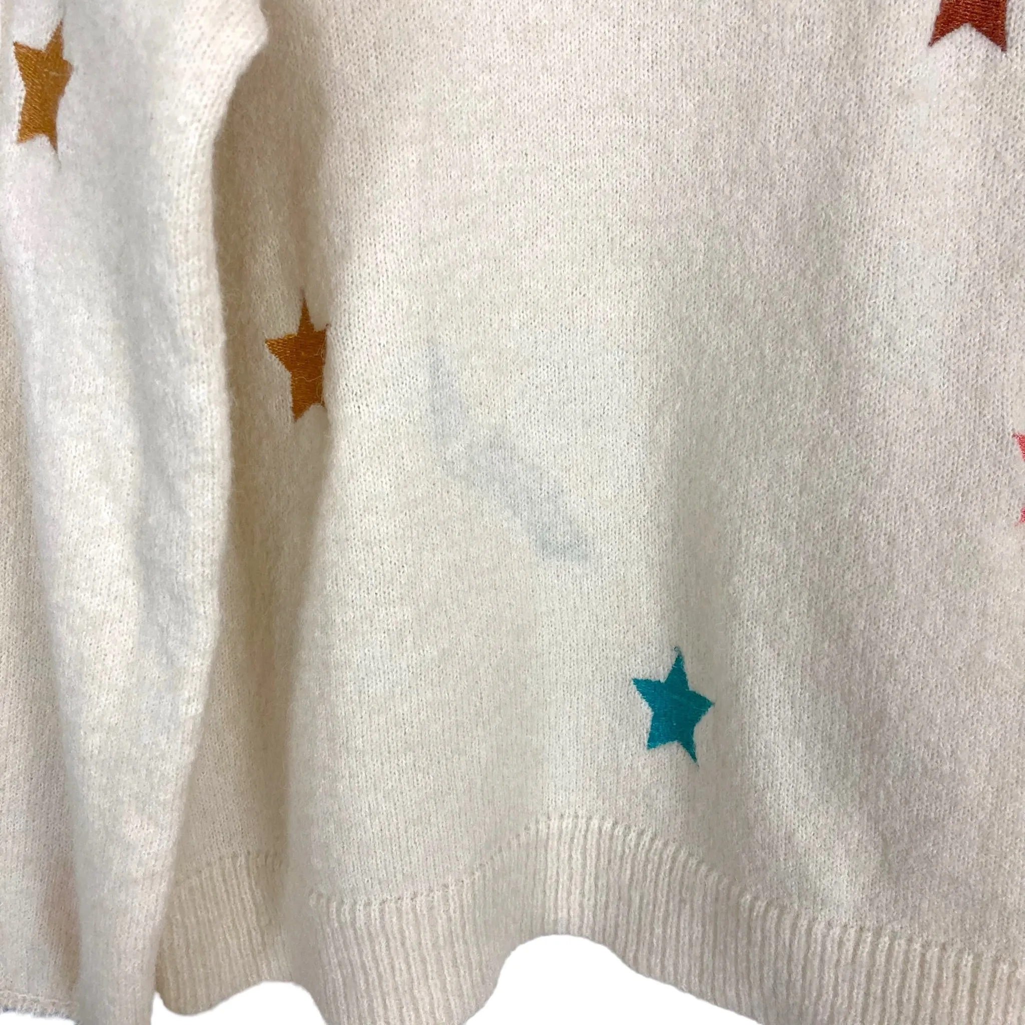 Storia Beige with Multi-Colored Stars and Striped Neckline and Cuff Sweater- Size S (see notes)