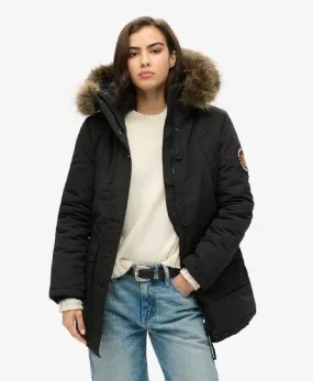 Superdry Women's Classic Logo Patch Everest Faux Fur Hooded Parka Coat, Dark Grey, Size: 10