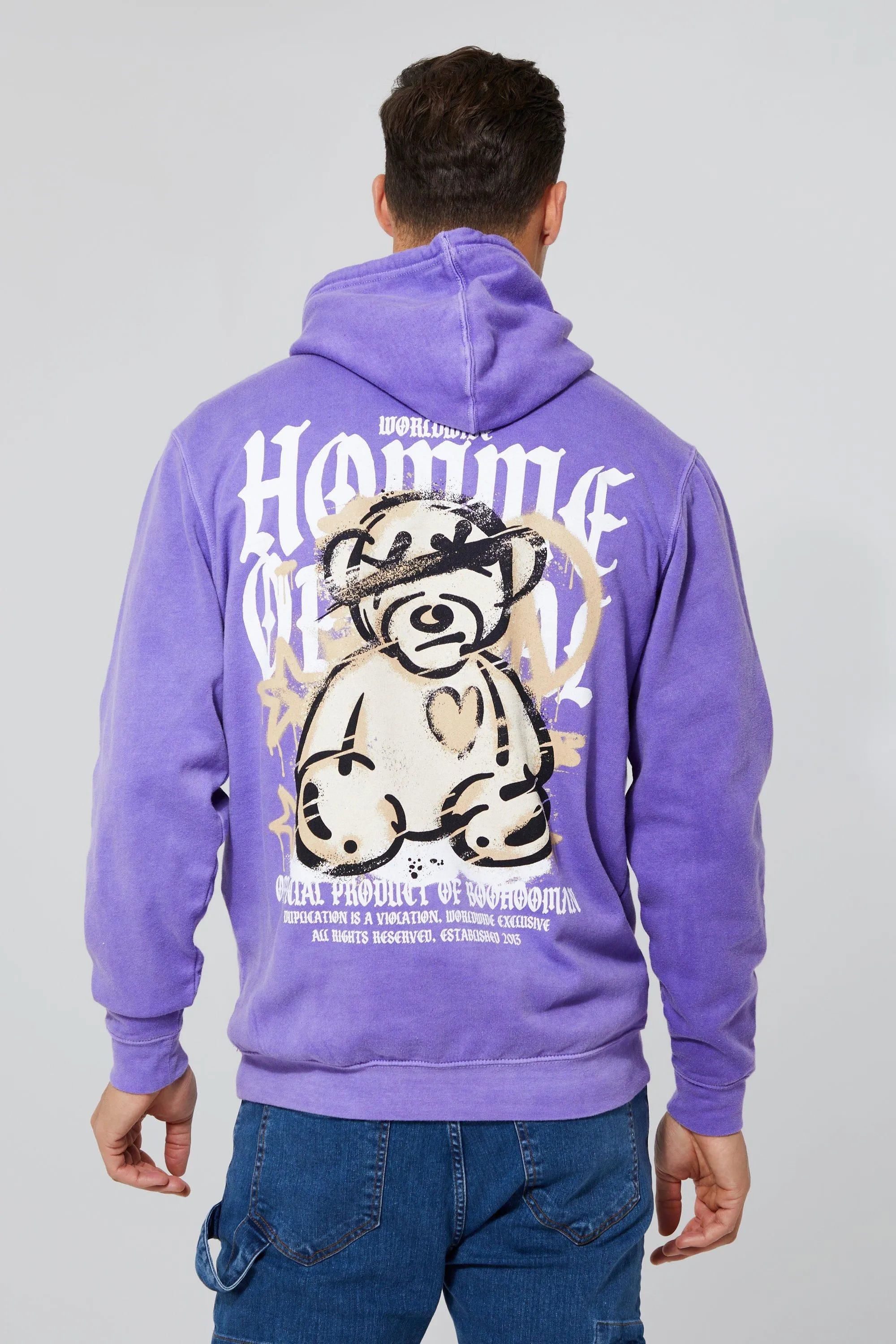 Tall Overdye Teddy Back Print Hoodie | boohooMAN UK