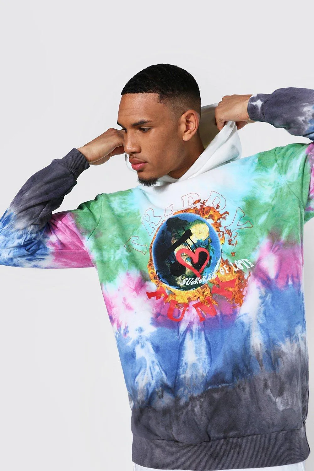 Tall Oversized Trippy Funk Tie Dye Hoodie | boohooMAN UK