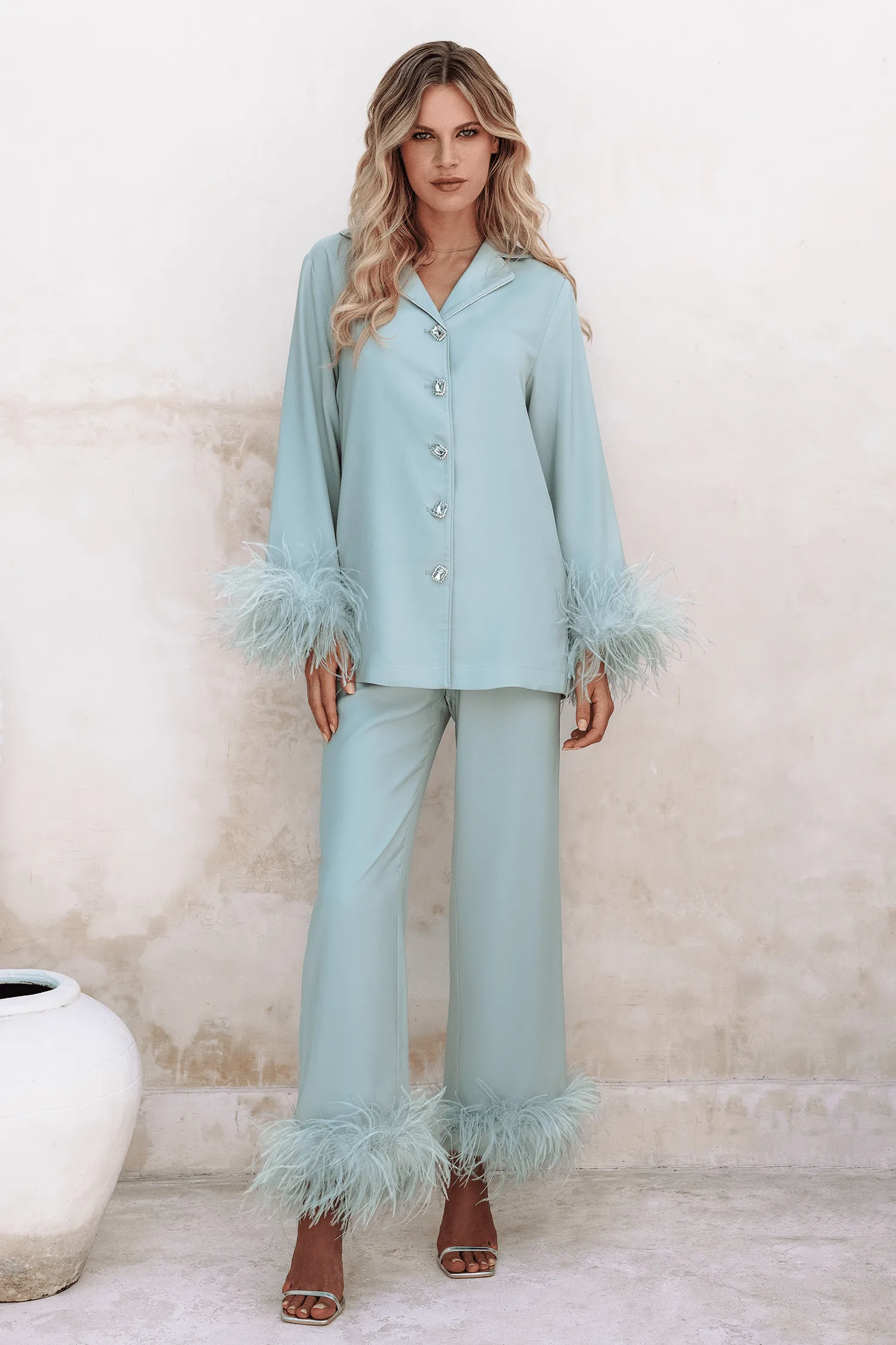 TILLY Feather Trim Satin Pyjama In Sage