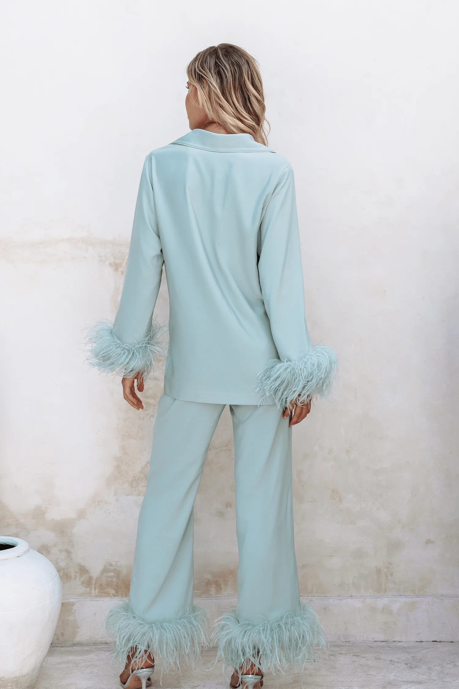 TILLY Feather Trim Satin Pyjama In Sage