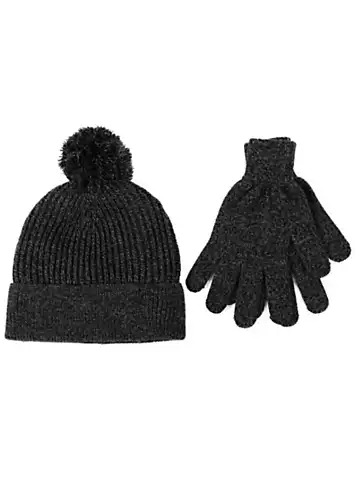 Totes Mens Grey & Black Bobble Hat & Gloves Set | Grattan