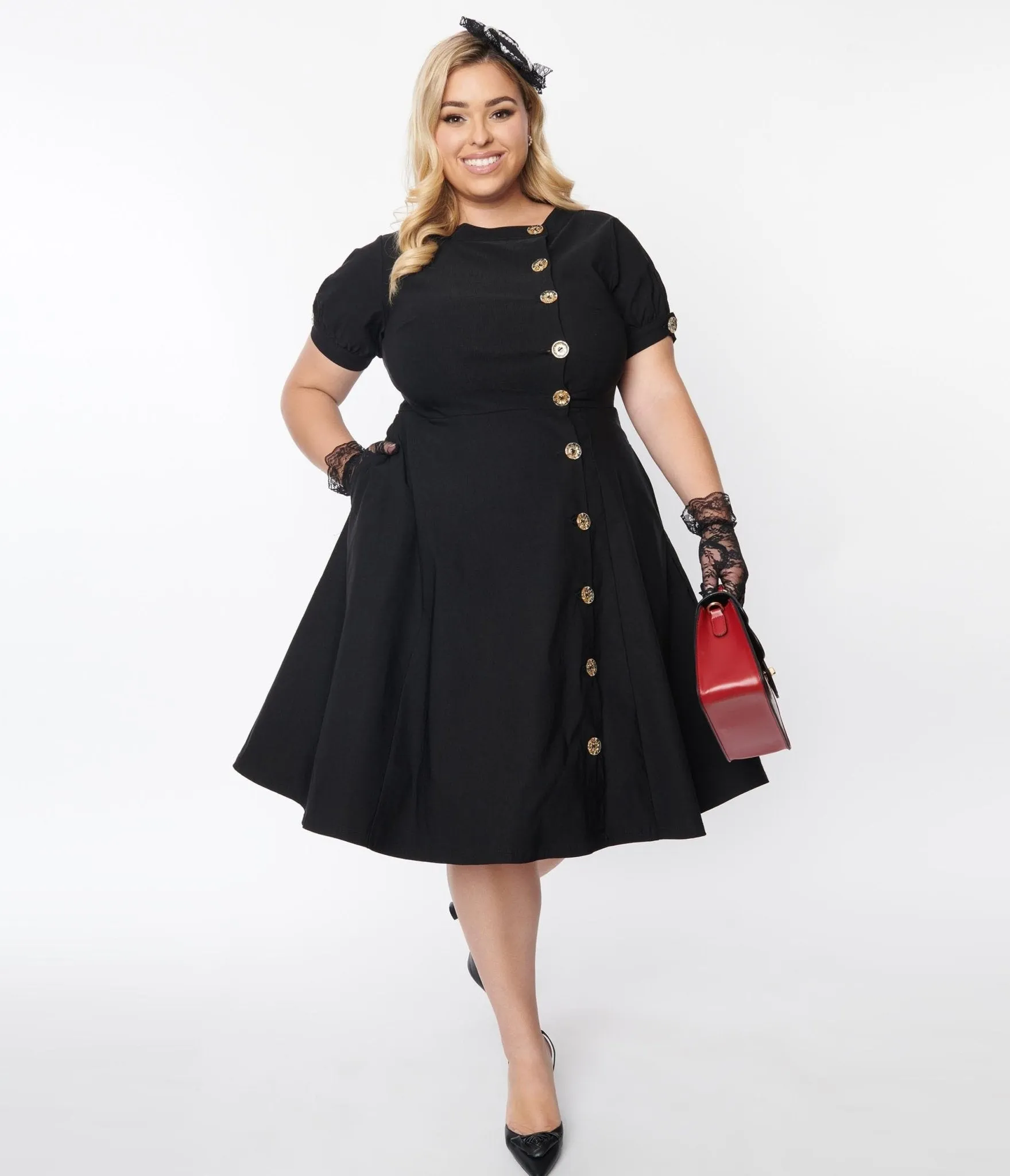 Unique Vintage Plus Size Black Button Swing Dress