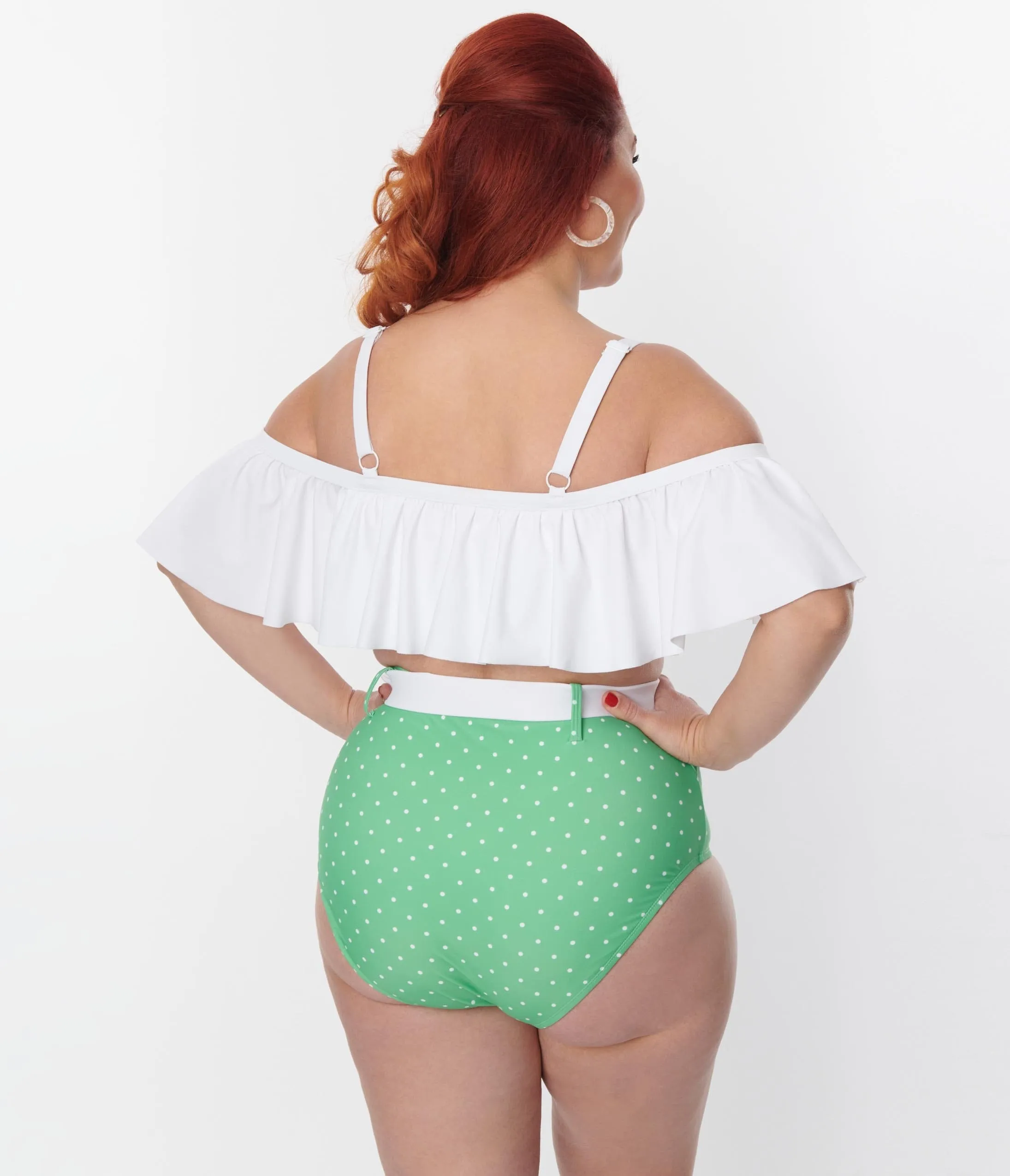 Unique Vintage Plus Size White Ruffle Swim Top