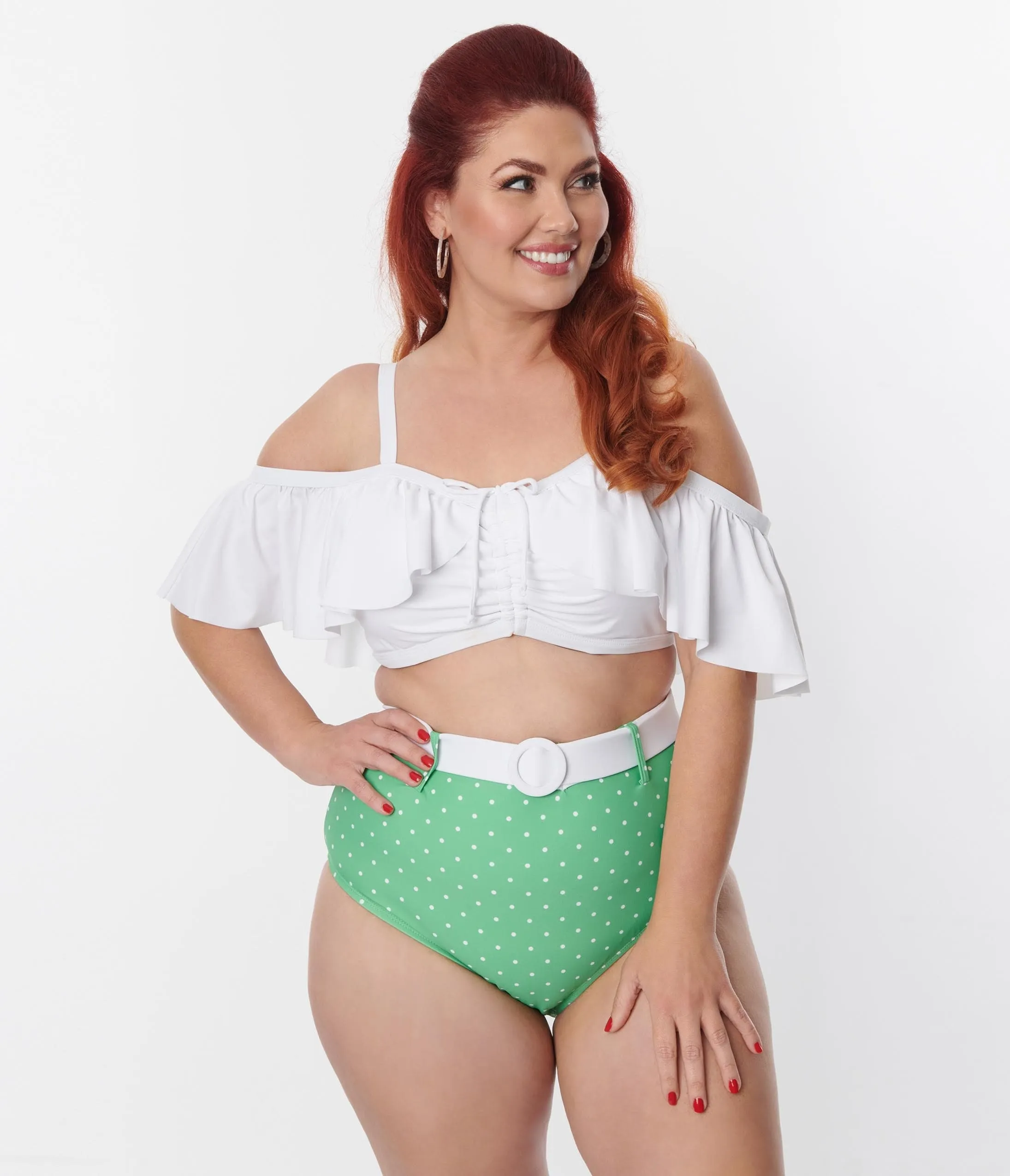 Unique Vintage Plus Size White Ruffle Swim Top