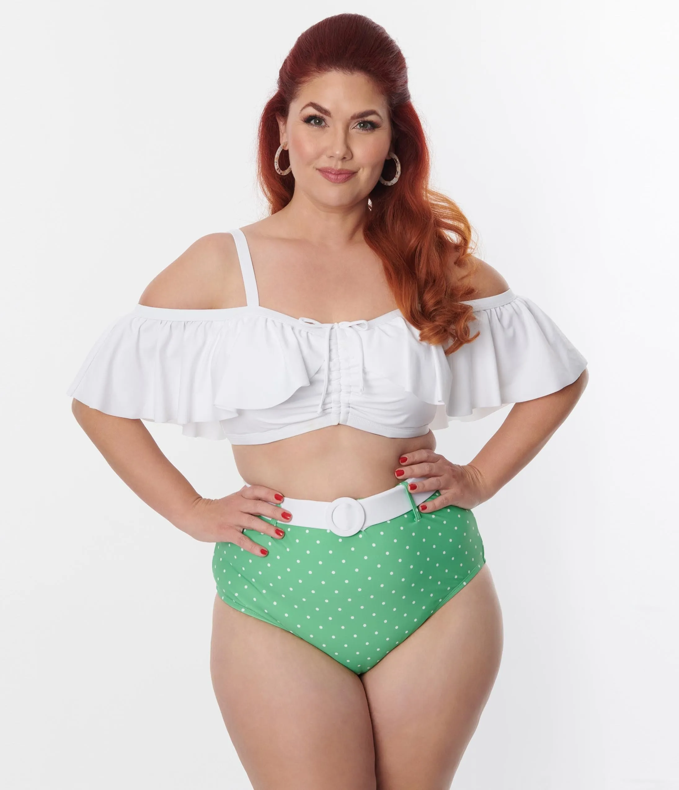 Unique Vintage Plus Size White Ruffle Swim Top